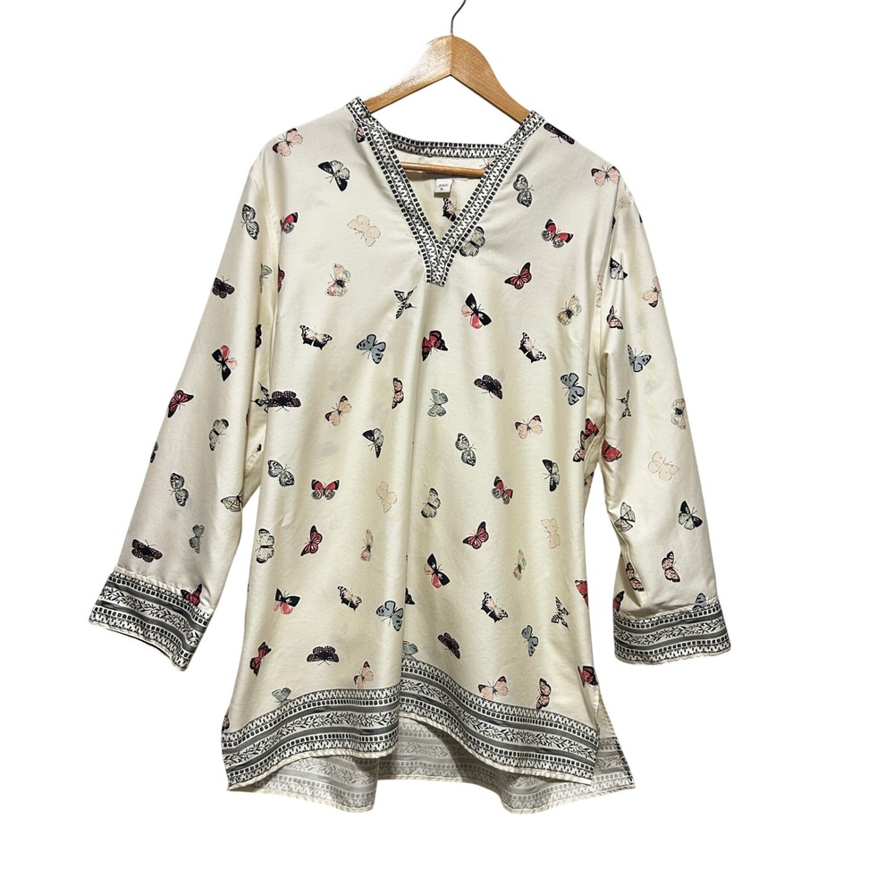 Coldwater Creek Womens Tunic Top XL Cream Butterfly Print Boho Cottage Whimsical